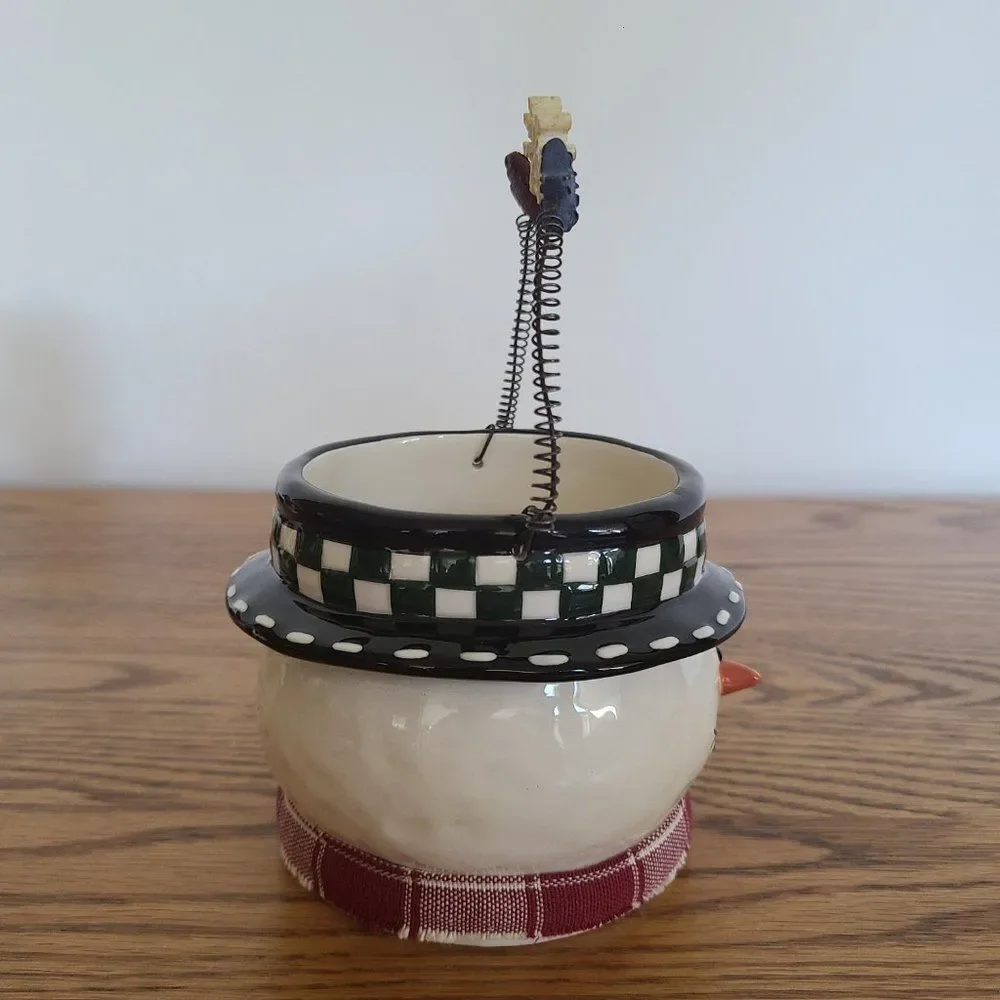 Vintage Wood-Look Snowman Figurine & Ceramic Snowman Bucket Pail Snowman Lot